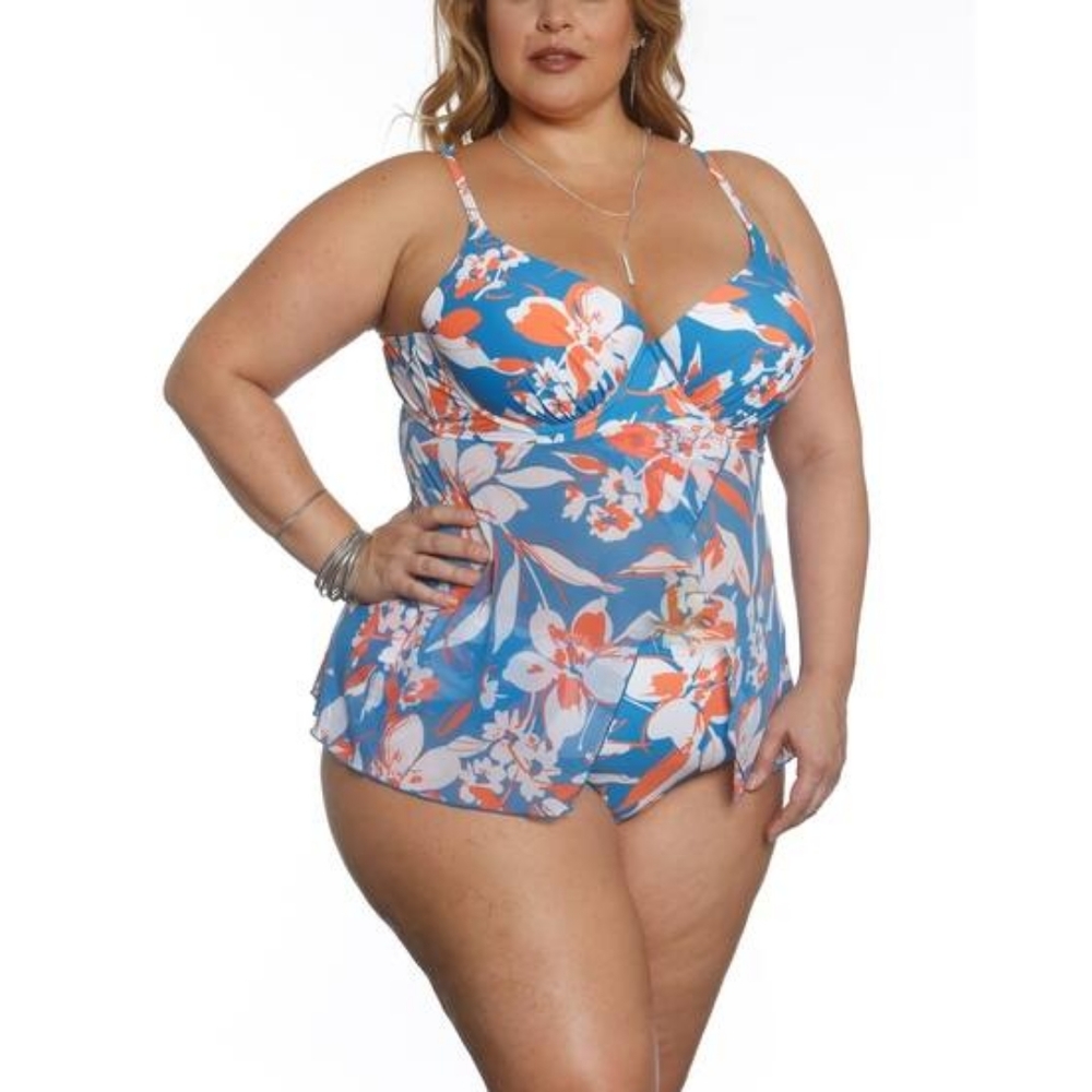 NWT Sun and Sea Curvy Mesh Tankini Top and Floral Bottoms Swim Set